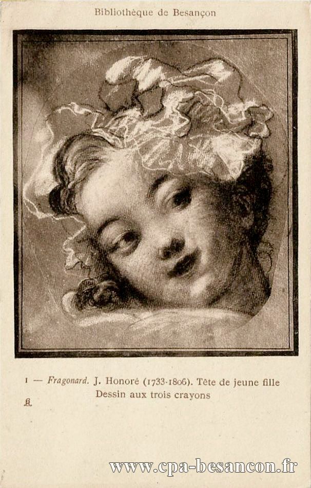 Bibliothèque de Besançon - 1 - Fragonard. J. Honoré (1733-1806). Tête de jeune fille - Dessin aux trois crayons
